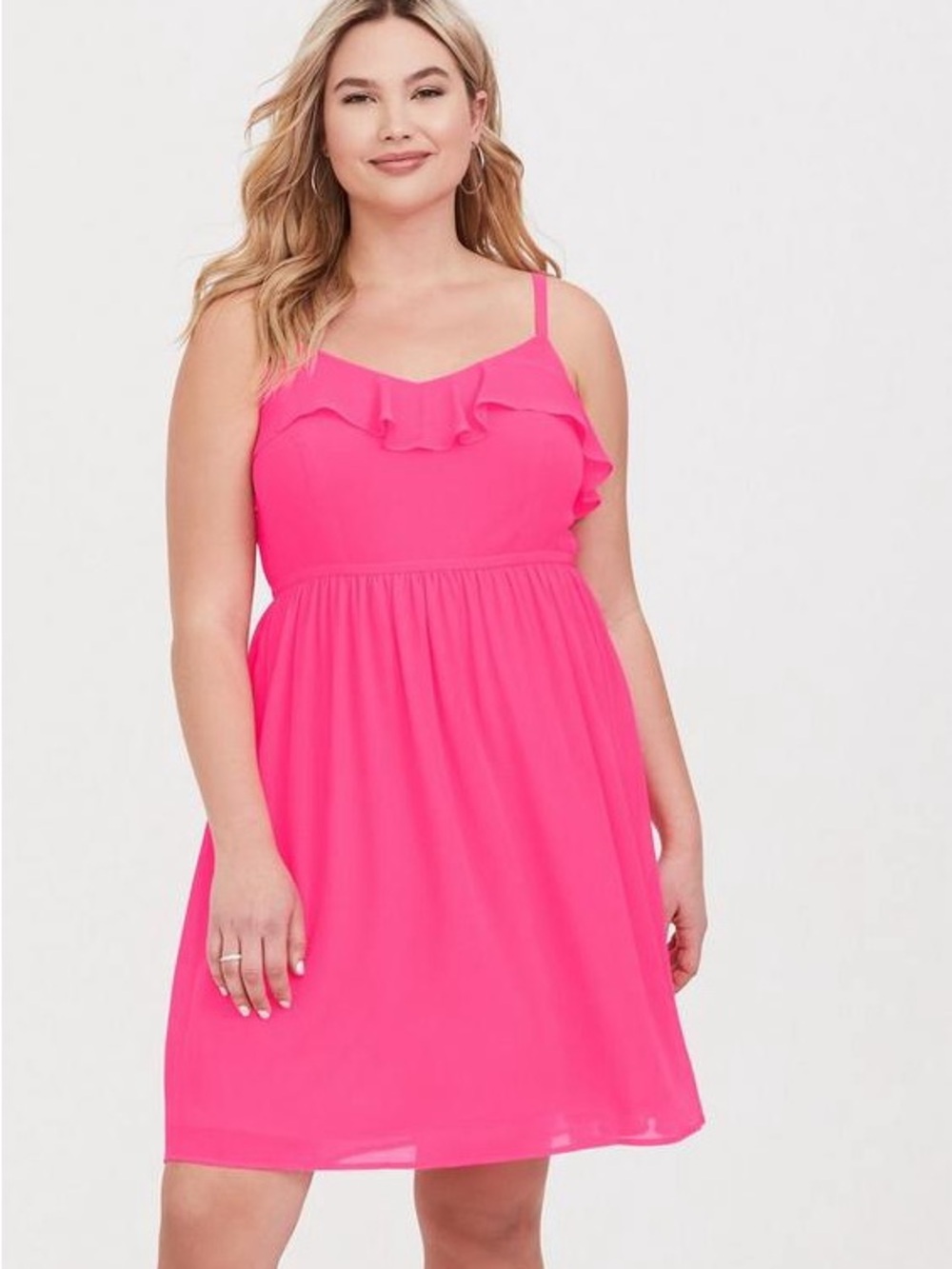 Mini Chiffon Ruffle Skater Dress in Hot Pink